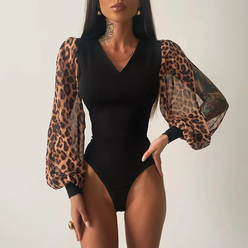 

Cutubly Sexy Bodysuit Women Leopard Style New 2022 Jumpsuits And Bodysuits Long Ssleeve Printed Patchwork Romper Fashion Clothes