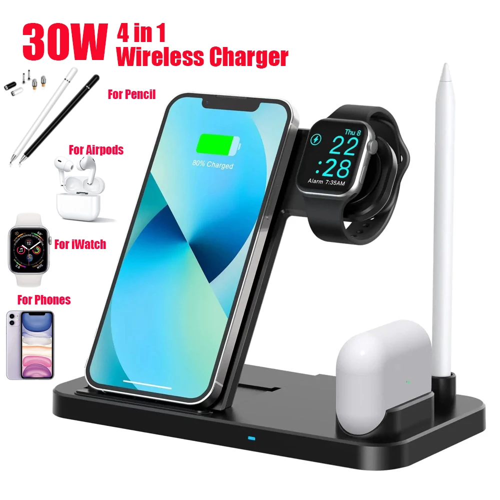 

Wireless Charger 4 in 1 30W Qi Fast Induction Charger Pen for iPhone 14 13 12 11 Pro Max XR Samsung Xiaomi iWatch AirPods Pencil