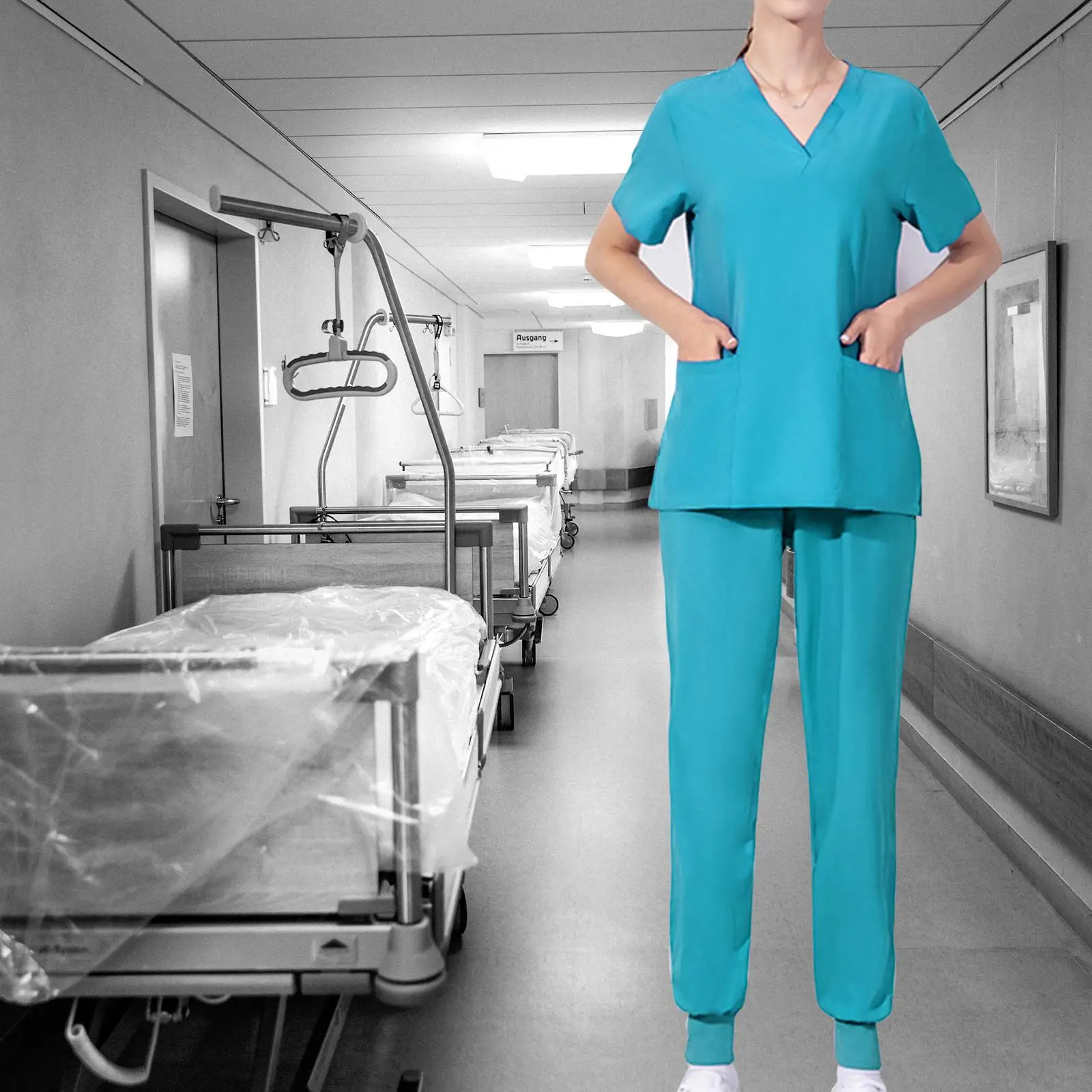 

Uniform Scrub Set Top and Pants Unisex Multi Pocket Clothing for Beauty Center