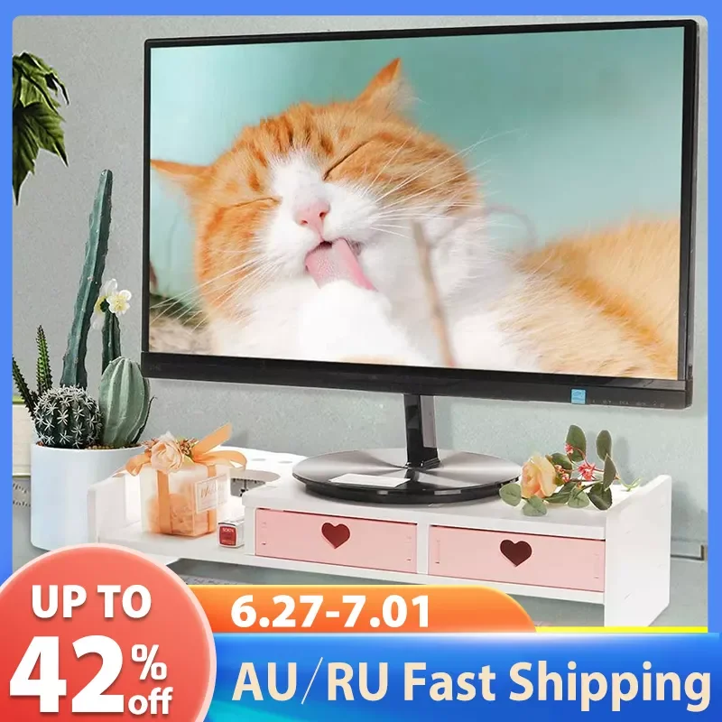 

Pink Monitor Laptop Stand Monitor Support Computer Stand PVC Wood Monitor Riser Desktop Shelf 3 Drawers Screen Riser Holder Blue