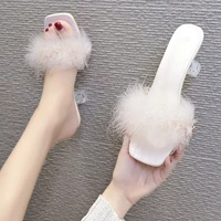 womens slippers summer 2022 new sweet personality style high heels outer wear stiletto heel slippers high heel furry sandals