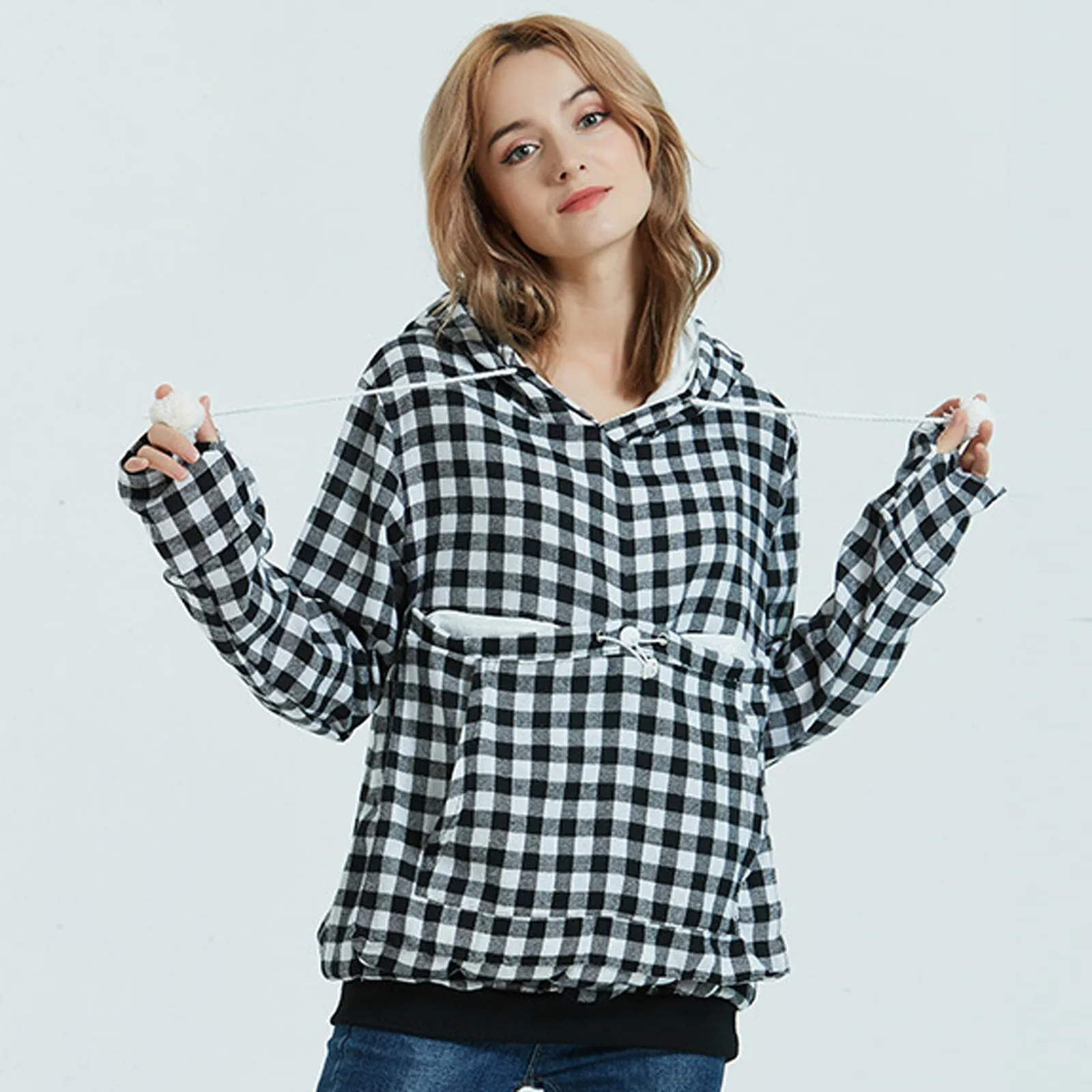 

Plaid Print Hoodies Sweatshirts Casual Pet Bags Hoodie Oversized Y2k Tops Pullover Hoodies Women Streetwear Moletom