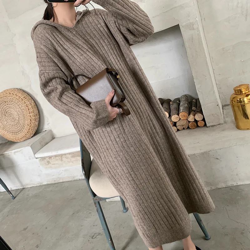 

2022 Autumn and Winter Korean Version Hooded Over-the-knee Knitted Dress Women's Loose Woolen Skirt Bottoming Sweater Long Skirt