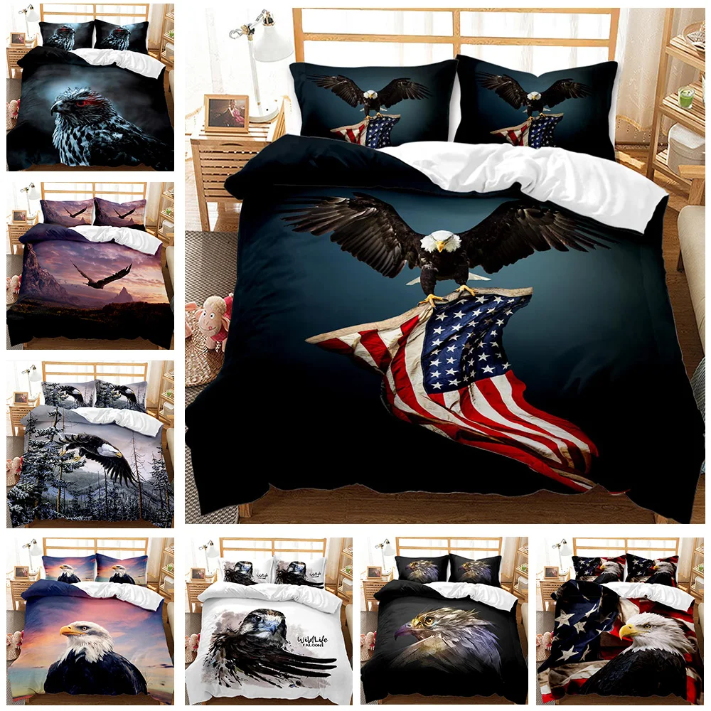 Bald Eagle Patriot United States Flag Duvet Cover, Haida Style Animal Art Wild Eagle 3 Pcs Bedding,American Flag,King/Queen Size
