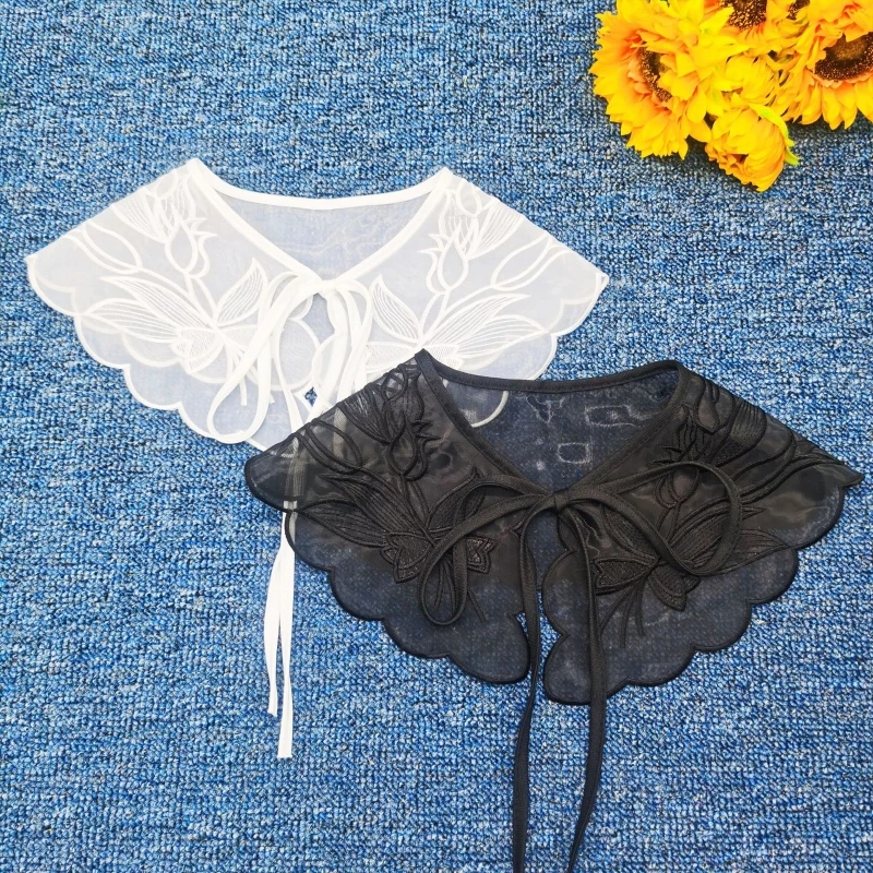 

Women Embroidered Floral Lace Fake Collar Detachable Bowknot Shawl Wrap Blouse Collars Decorative for Female Clothes