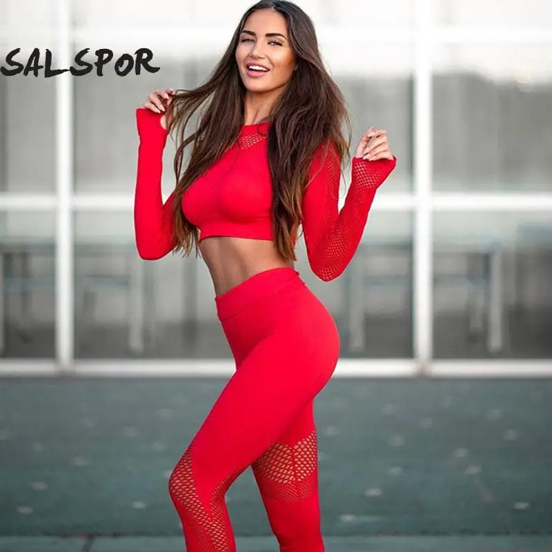 

SALSPOR Yoga Set Women Sport Suit Gym Clothes 2 Piece Seamless Hollow Out Fitness Long Sleeve Top High Waist Workout Leggings