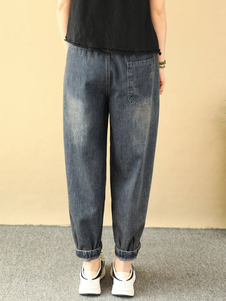 Джинсовые брюки для девочек в стиле ретро с вышивкой свободные укороченные