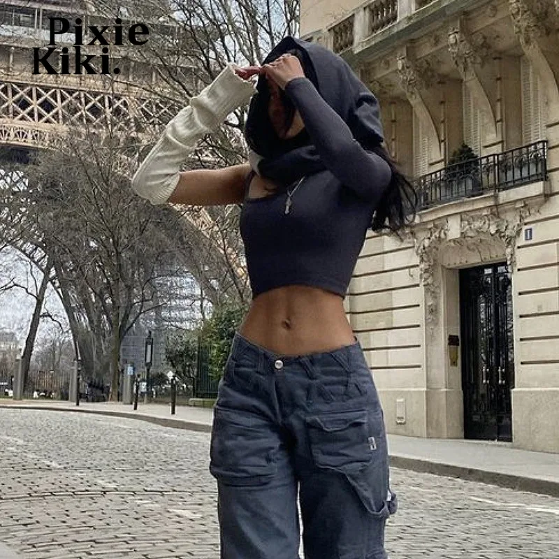 

PixieKiki Y2k Fashion Tops Asymmetrical Hooded Long Sleeve Tees Streetwear Black Unique Shirts for Women Fall 2023 P71-BD20