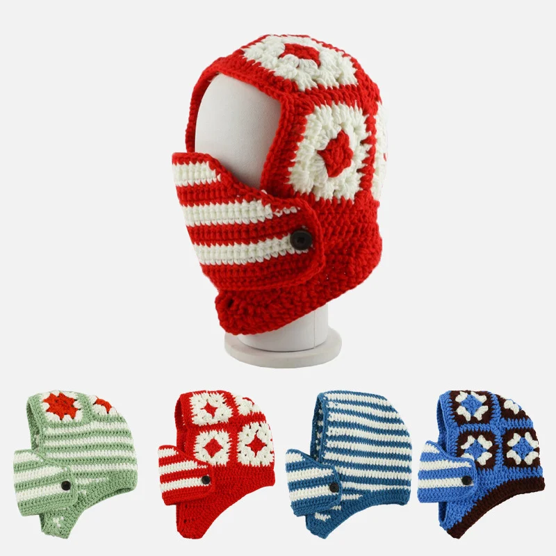 

Korea GD Grid Hoods Hat Autumn Winter Floral Balaclava Mask Warm Knitted Crochet Hat Women Men Pullover Ear Protection Beanie