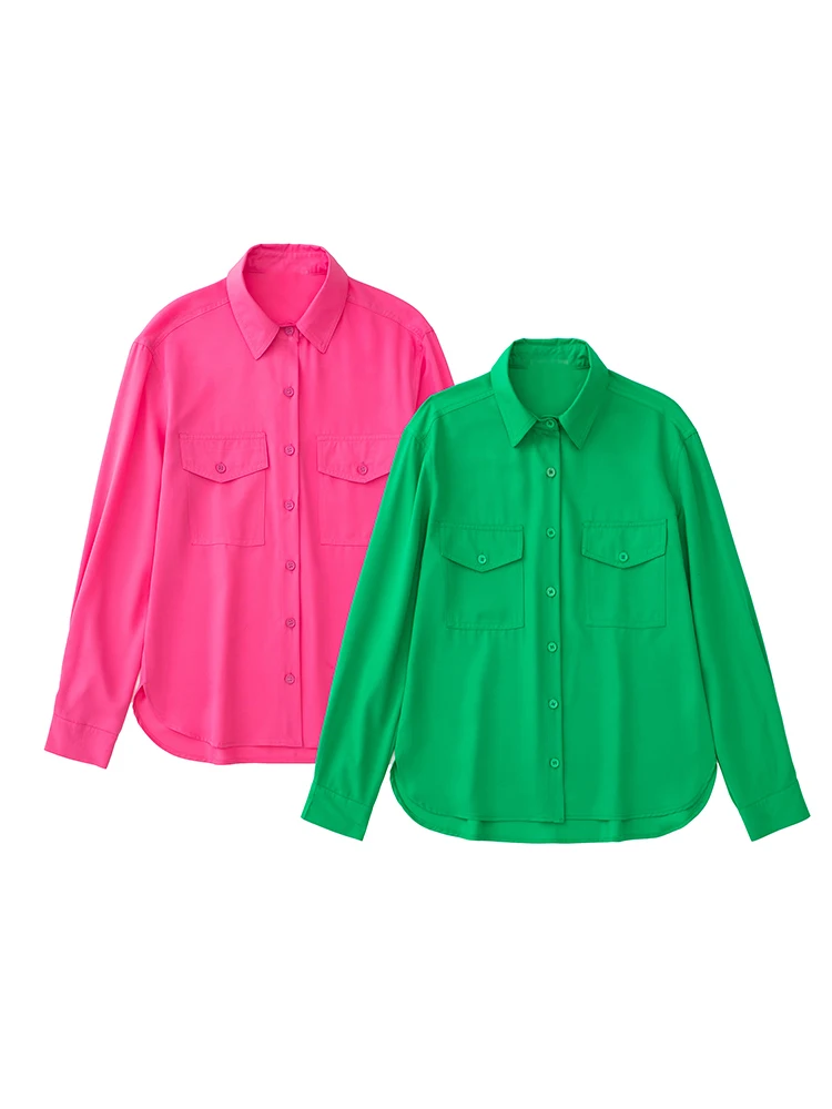 

Women Long Sleeve Single Breasted Green Shirts 2022 Turn-down Collar Loose Pockets Solid Color Office Lady Blouses Tops