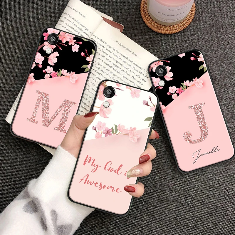 

Flower Letter Pink For Huawei P20 P30 Lite Pro Phone Case Protect Coque Black Soft Liquid Silicon Funda