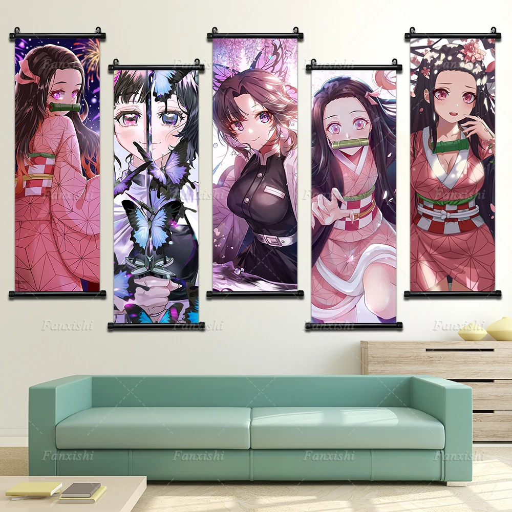 

Nezuko Sakura Tree Demon Slayer Аниме Фигурка свиток подвесная Живопись Домашний Декор акварель настенное Искусство Холст постер девушка Поклонники подарок