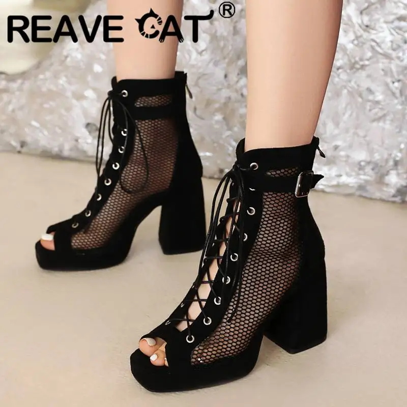 

REAVE CAT Hight Heels 9cm Women Sandals Peep Toe Flock Mesh Zipper Lace Up Belt Buckle Fashion Sexy Party Shoes Plus Size 46 47