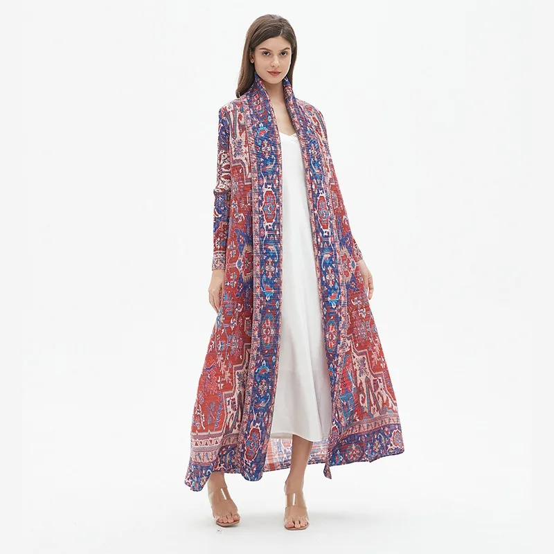 Женское винтажное платье-кардиган с поясом длинным рукавом и принтом