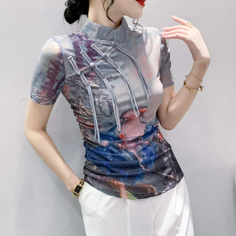 # 5709 Летняя футболка женская с воротником-стойкой винтажная узкая сетчатая