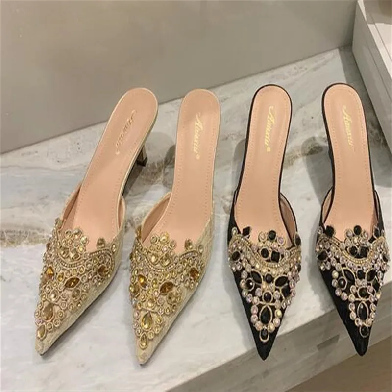 2023 NEW Spring/Autumn Fashion Women Pointed Toe Pumps PU Thin Heels Retro Appliques Mules Polka Dot Party Slip-On Black