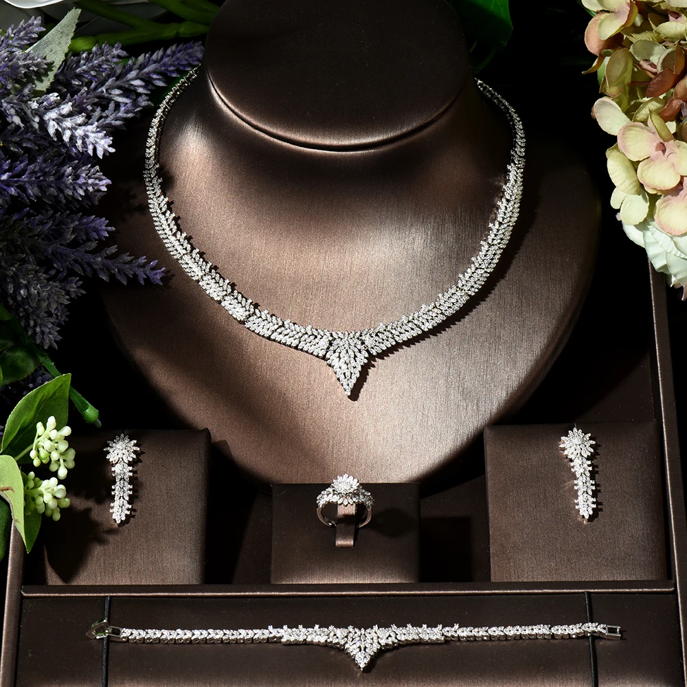Fashion Leaf Charms 4Pcs Luxury Nigerian Jewelry Set For Women Wedding Cubic Zircon Dubai Bridal Necklace Earring Set N-25