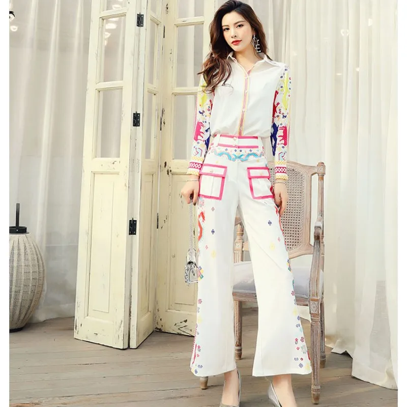 

2022 Elegant High Quality Luxury Designer Long sleeve Blouses shirt Tops+Bell-bottoms Indie Folk Print pant suit 2 pieces suit