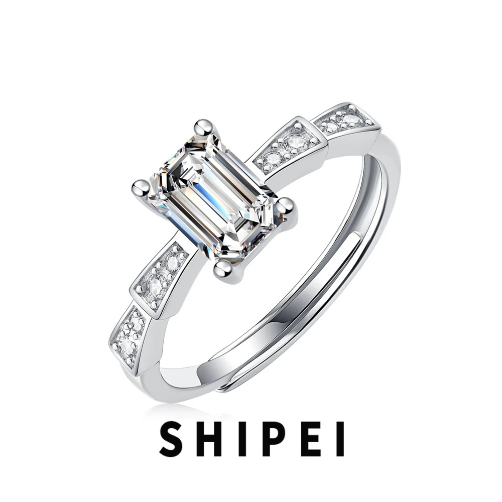 

SHIPEI 1CT Emerald Cut D Moissanite Diamond Gemstone Wedding Engagement Jewelry Sparkling 925 Sterling Silver Adjustable Ring
