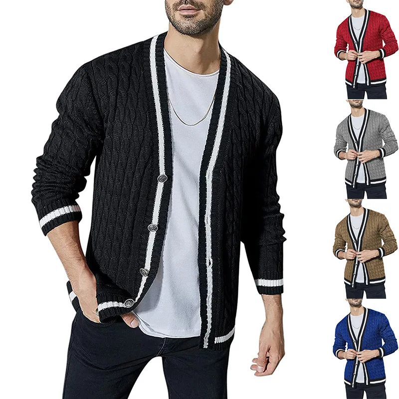 Men's Sweater Cardigan Striped Patchwork Long-sleeved Single-breasted V-neck Fashion Casual Knitted Top Male Jacket Plus Size