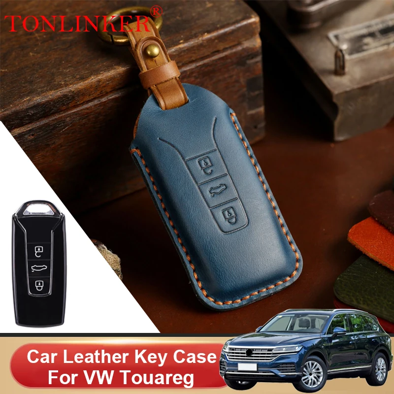 Car Dedicated Leather Key Case For Volkswagen VW Touareg CR 2018 2019 2020 2021-on Holder Shell Remote Cover Keychain Accessoris
