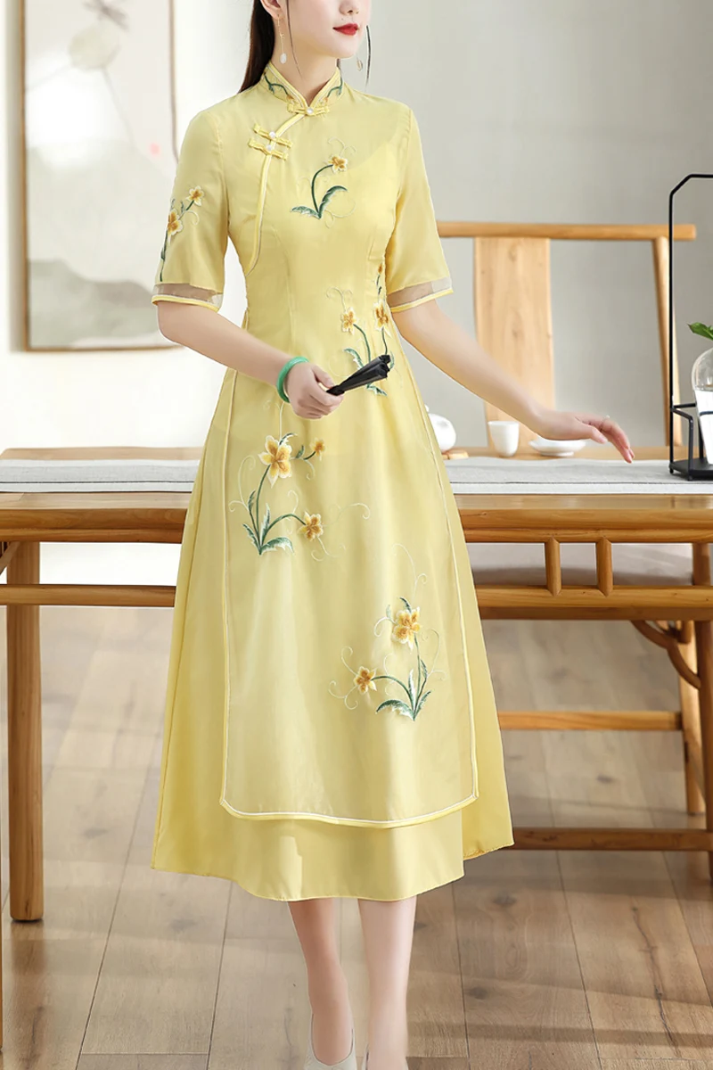 Женское вечернее платье-Ципао из органзы элегантное ТРАПЕЦИЕВИДНОЕ ПЛАТЬЕ с