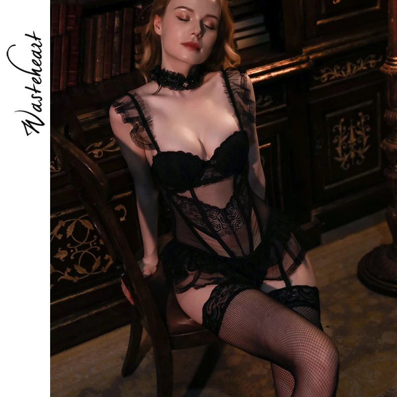 

Wasteheart Women New Elasticity Corset Sexy Underwear Lace Up Body Bustier Overbust with Straps Belt Black Breathable Lingerie