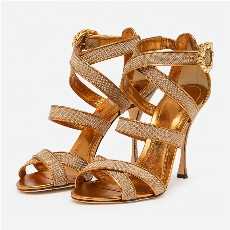 

Rhinestone Buckle Design Ladies High Heel Sandals Round Toe Stiletto High Heel Fashion Party High Heel Sandals