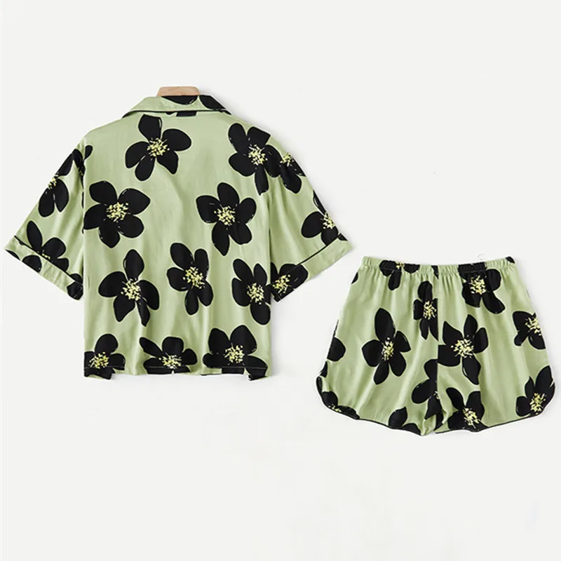 Summer Pajamas Thin Loose Pajama Tribute Satin Short-sleeved Shorts Casual Comfortable Sleepwear Dark Green Print Women Suits