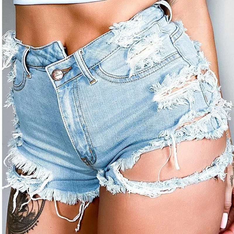 Summer 2023 New Women Irregular Ripped Hole High Waist Fashion Casual Jeans Shorts Denim Light Blue Zipper Sexy Nightclub Party