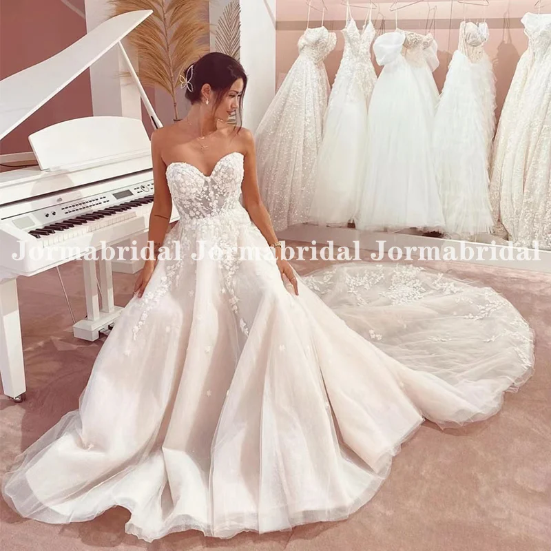 

Sweetheart A-line Wedding Dress for Bride 2023 Illusion Bodice Floral Applique Princess Tulle Bridal Gowns Long Train Vestidos