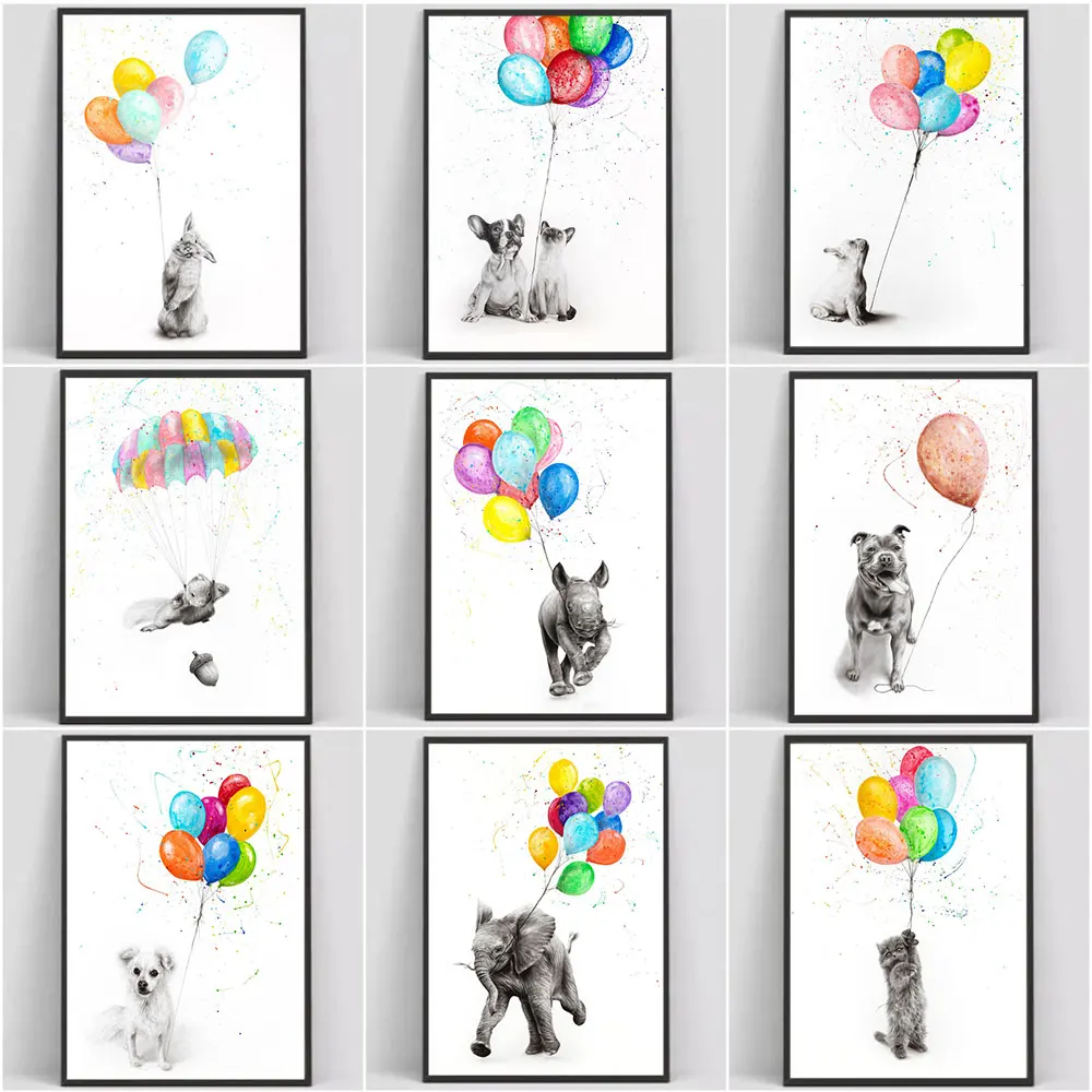 

Abstract Animal Dogs Elephant Cats Rabbit Colorful Balloons Poster and Print Canvas Wall Painting Art Picture For Kid Room Decor