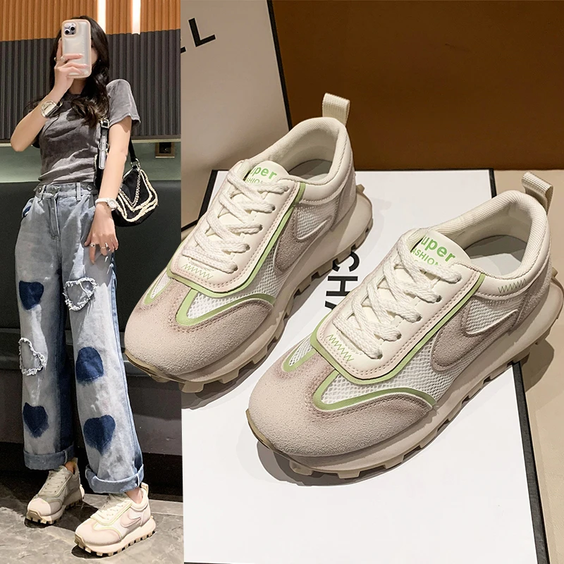 2023 Spring New Women's Breathable Casual Shoes Lace up Outdoor Sports Shoes Color Matching Women's Leather Vulcanized Shoes