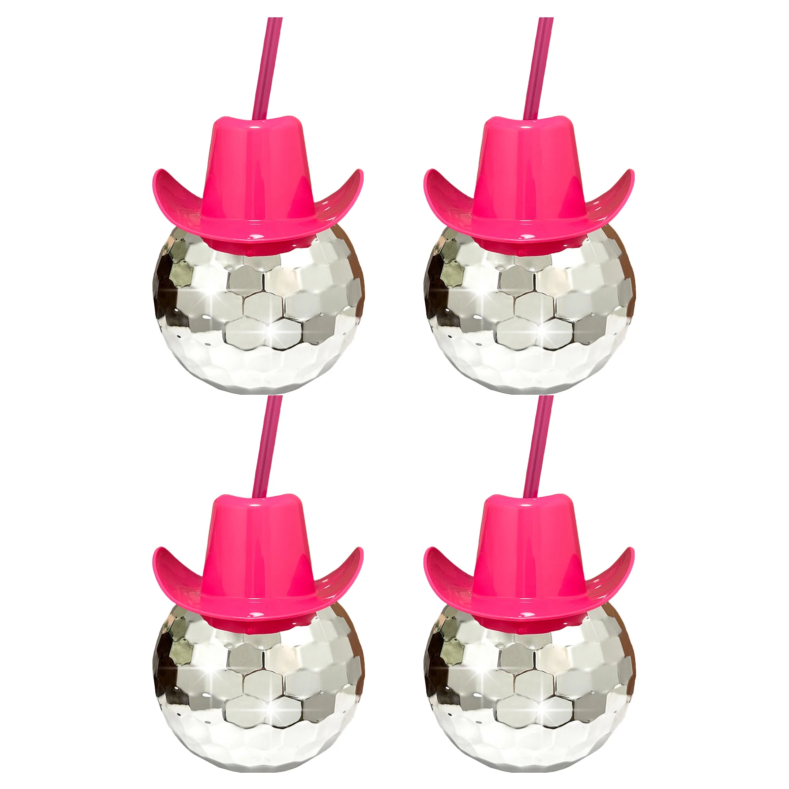 

4pcs Pink Cowgirl Disco Ball Bar 600ml 70s Cowboy Wedding Hat Cups Birthday Western Dance Wine Cocktail Mini Mirror With Straws