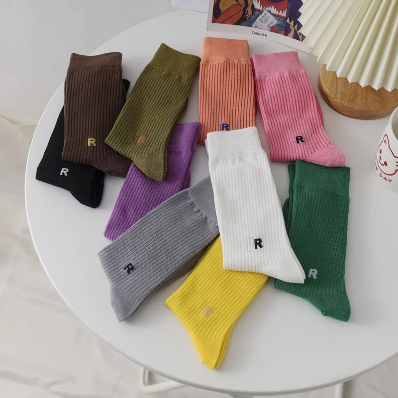 

Ribbed Socks Women Socks Letter R Cotton Sock Woman Solid Long Adult Cute Sock Spring Summer Casual Soft Sports Soft Ladies Sock