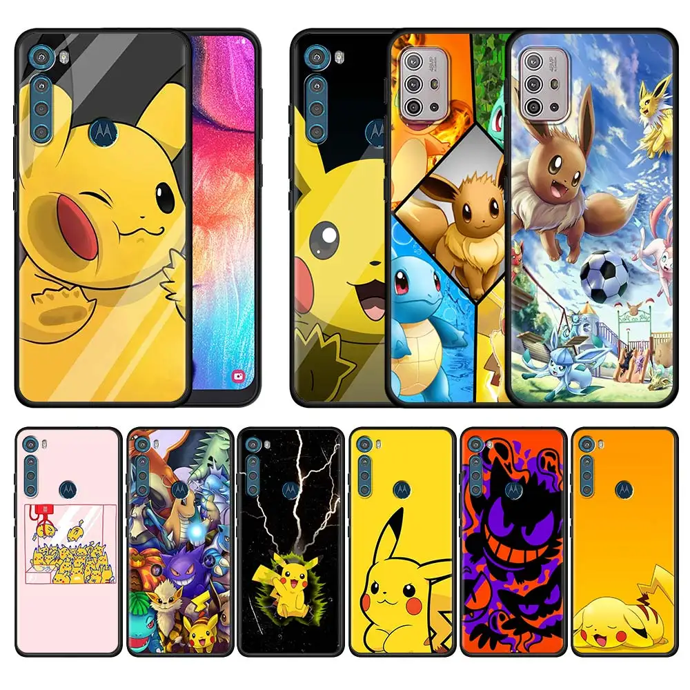 

Black Phone Case for Motorola Moto G30 G60 G9 Play One Fusion G8 Power E6s Flexible Coques One Hyper Sac Yellow Pikachu