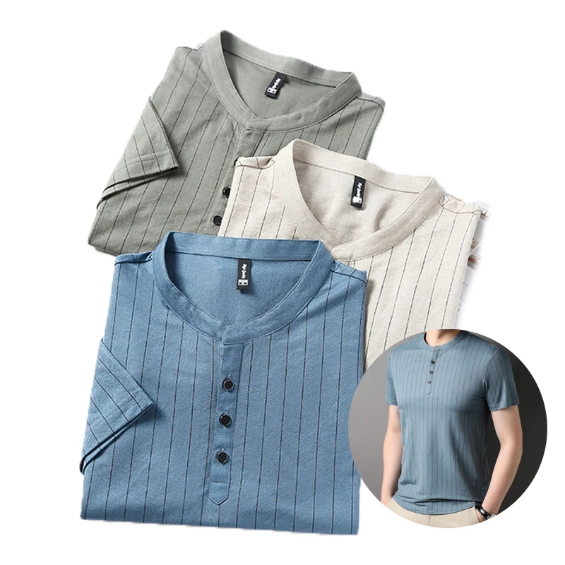 

Brand Men's Striped Print Mock Neck Button Down Short Sleeve Casual T Shirt Tops Khaki Green Henley Tee Slim Fit Summer Ttshirt