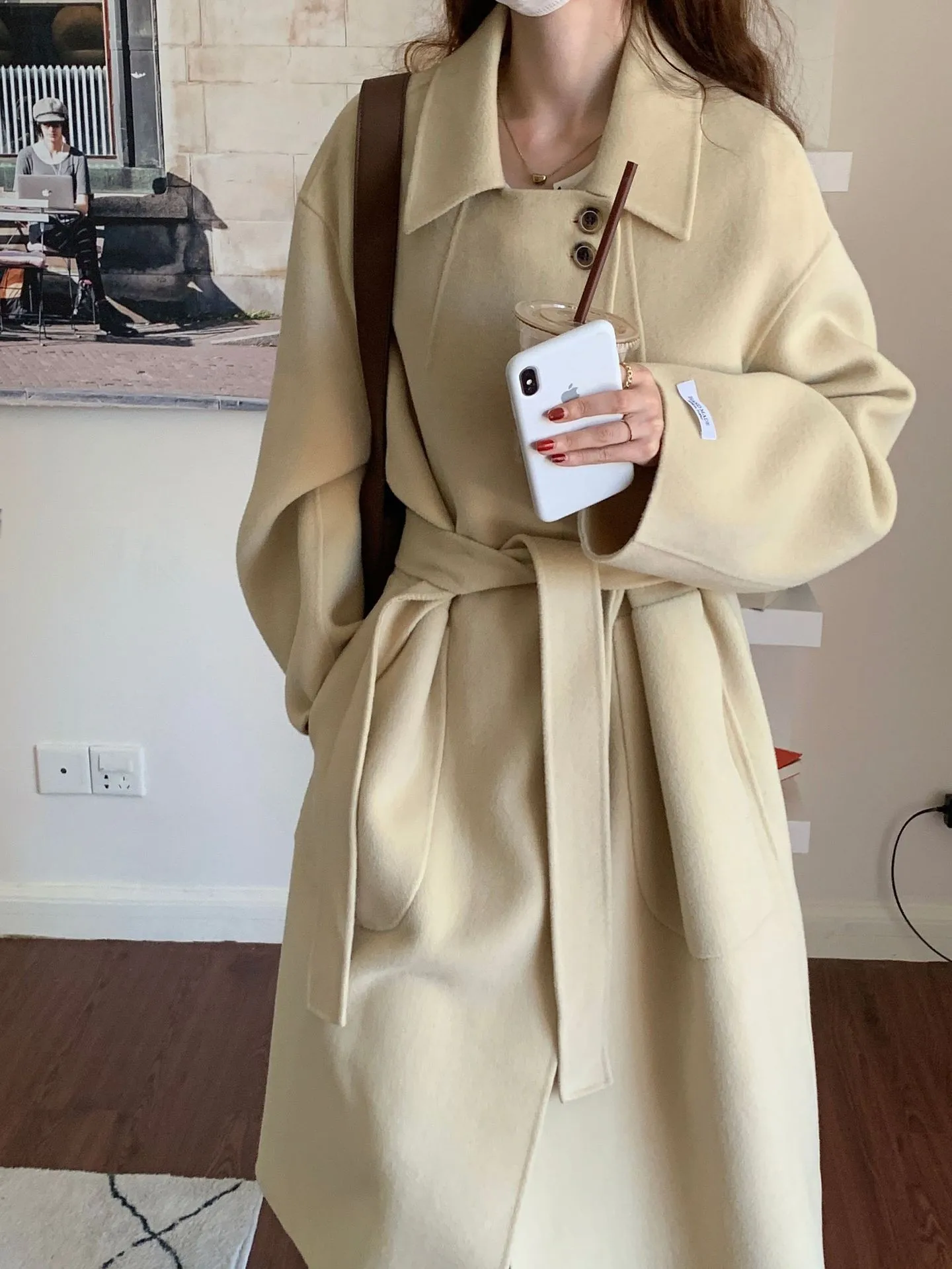 

Double-sided cashmere coat women's Korean style commuter long single-breasted lapel wool loose woolen coat