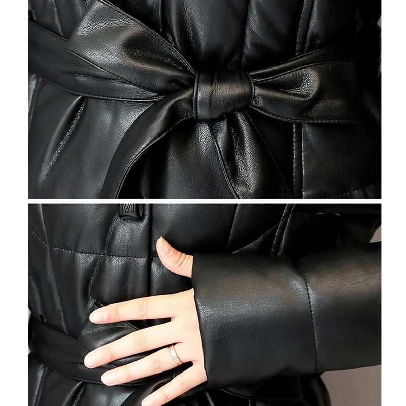 Winter Women Long Slim Cotton Coats New Single Breasted Fox Fur Collar Hooded Belt Mid Length PU Leather Jacket Female Clothing
