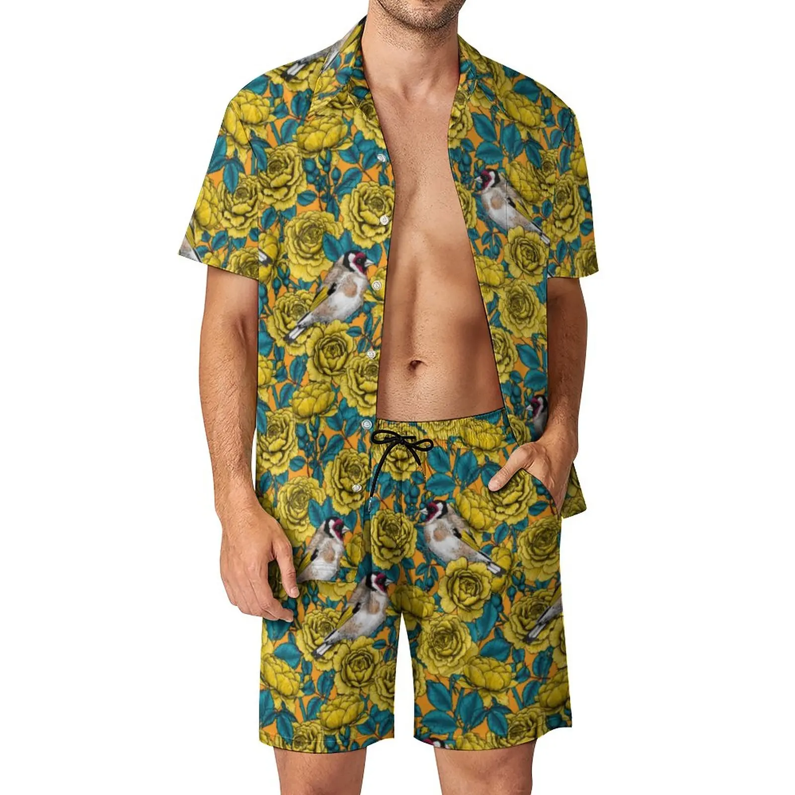 

Roses Flowers Beach Men Sets Goldfinch Birds Print Casual Shirt Set Summer Graphic Shorts 2 Piece Fashion Suit Plus Size 2XL 3XL