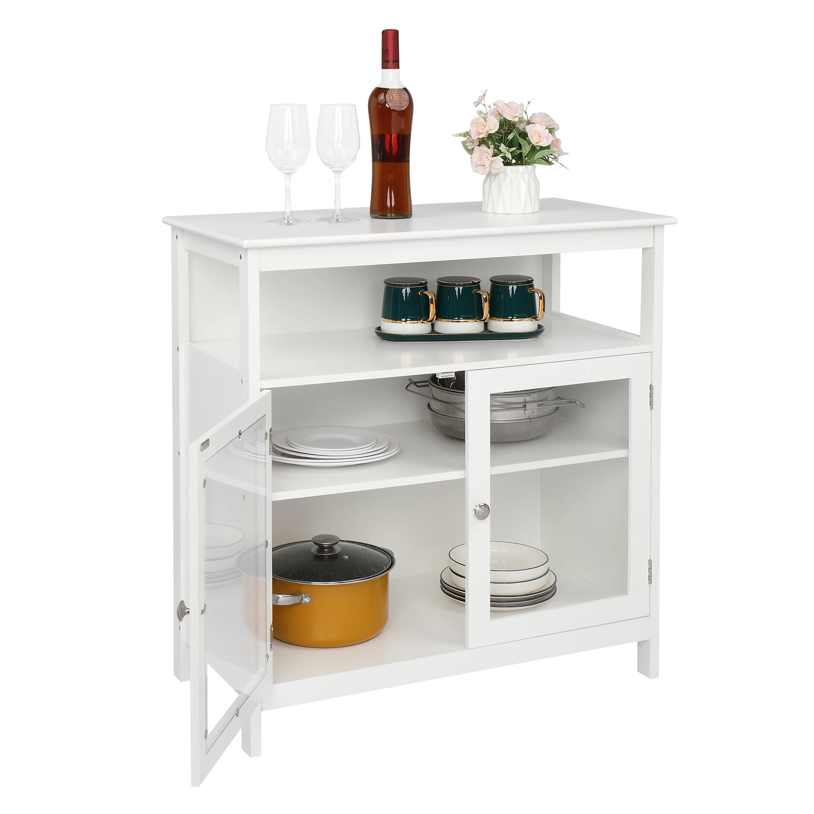 

Cupboard Transparent Double Doors Double Inner Compartments With Middle Storage Layer MDF NC Spray Paint Sideboard