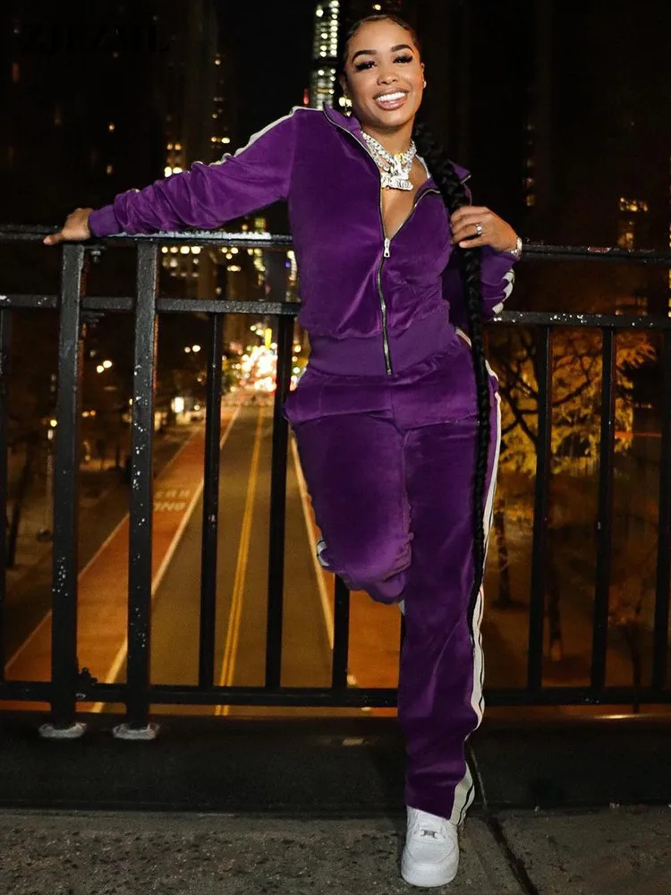 

Женский Бархатный спортивный костюм в белую полоску, куртка с отложным воротником и длинным рукавом и прямые брюки, комплект из двух предме...