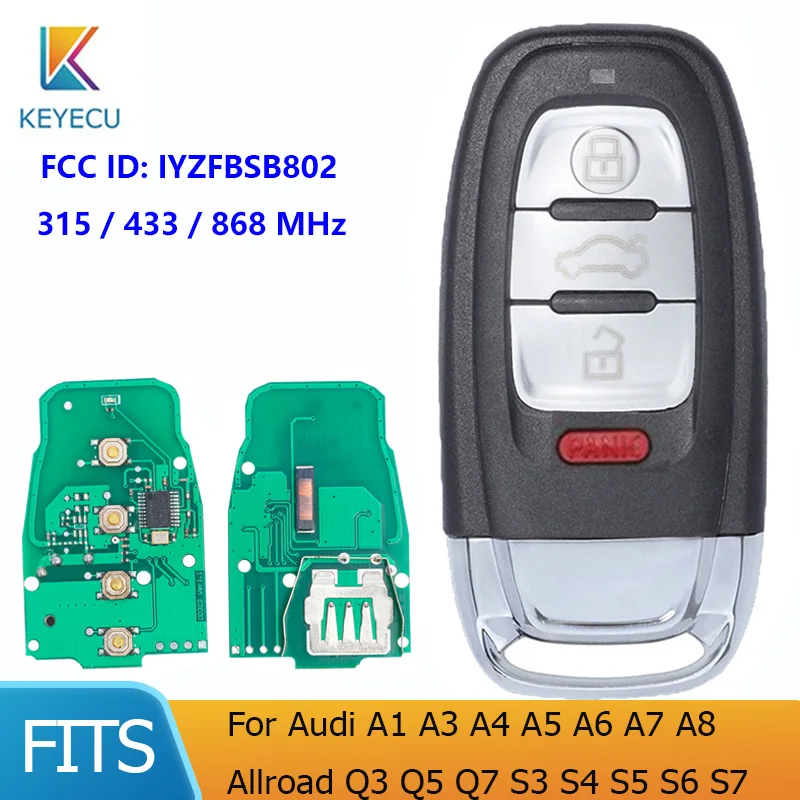 KEYECU IYZFBSB802 for Audi A1 A3 A4 A5 A6 A7 A8 Allroad Q3 Q5 Q7 S3 S4 S5 S6 S7 Smart Remote Key 4B 315MHz / 433MHz / 868MHz