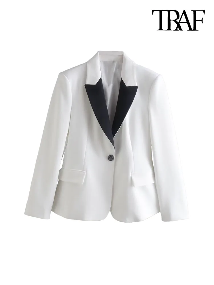 

TRAF Women Fashion Front Jewel Button Fitted Blazer Coat Vintage Long Sleeve Flap Pockets Female Outerwear Chic Veste Femme