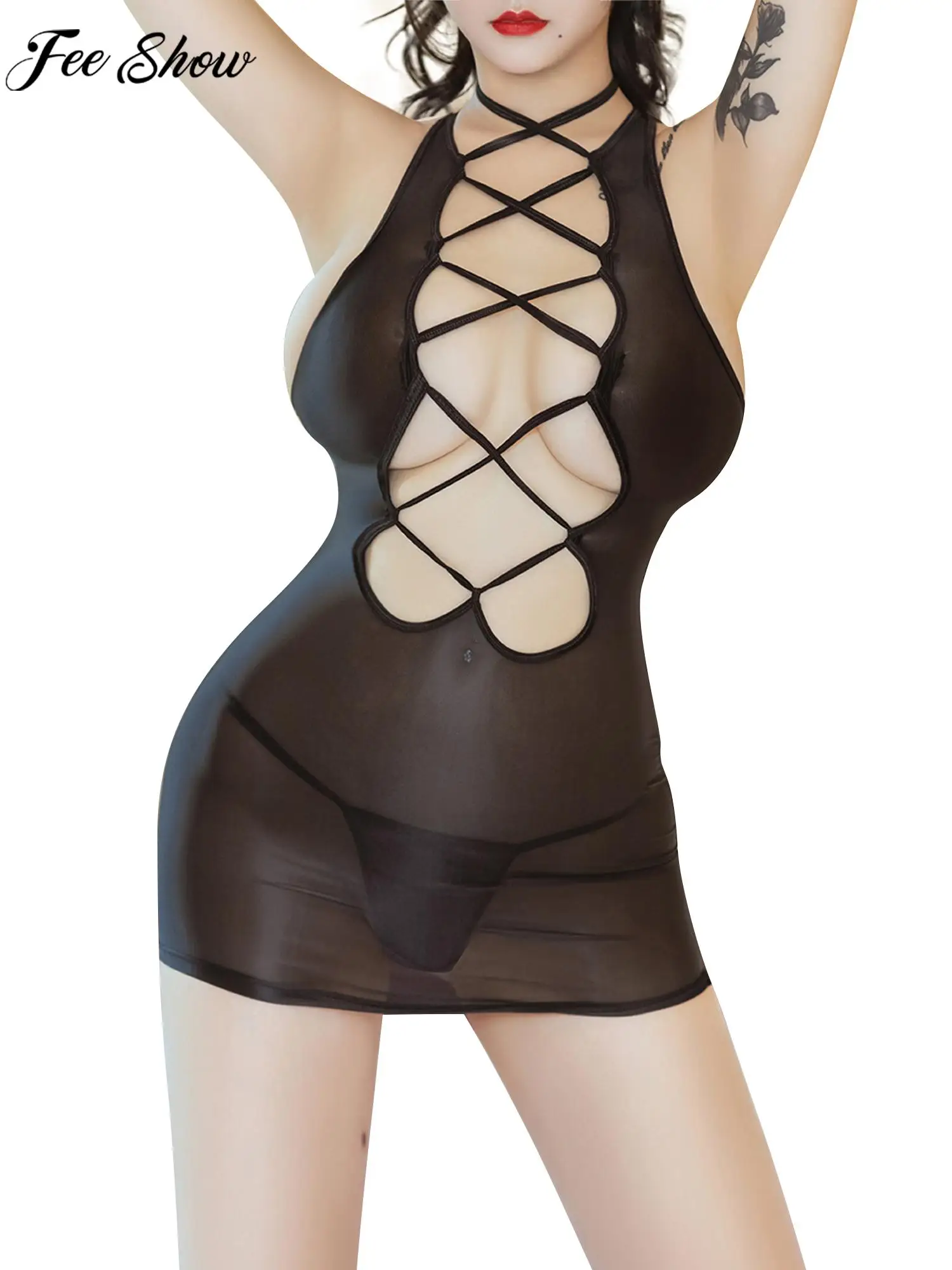 

Женское экзотическое ажурное мини-платье на шнуровке, сексуальное прозрачное облегающее платье со стрингами, нижнее белье, ночная рубашка ...