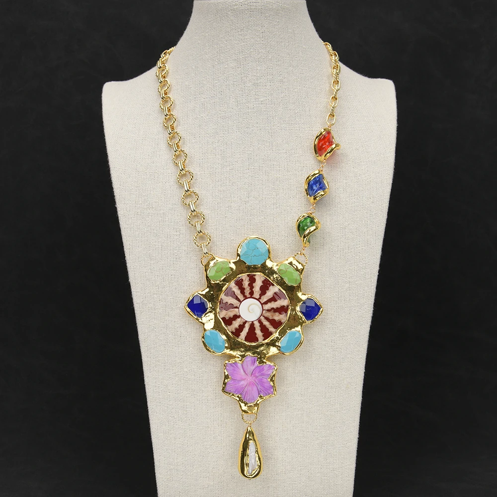 

GG Jewelry 21'' Mix Color Morano Glass Station Rosary Fashion Chain Necklace Multi Gems Turquoise Jade Biwa Pearl Pendant