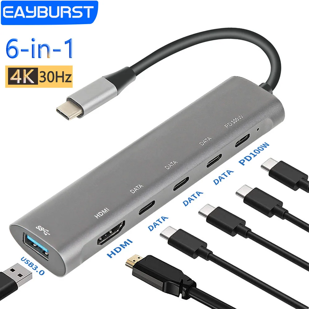 Eayburst usb hub 4k hdmi type c to usb 3.0 pd 100w многопортовый адаптер для разветвителей ноутбука macbook 6 в 1 usb type c 3.0 hub