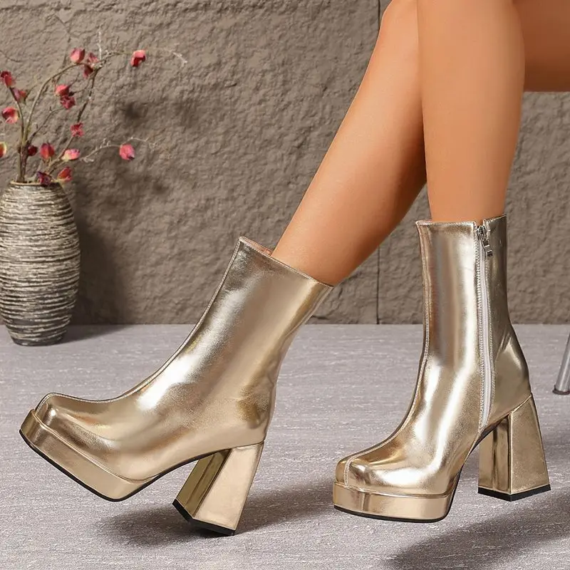 Girseaby новые блестящие женские ботильоны с квадратным носком на блочном каблуке 10