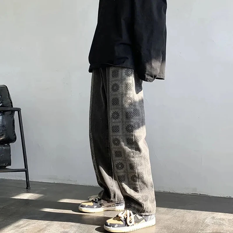 Washed Retro Black Baggy Jeans For Men Denim Trousers Personality Hip-Hop Street Cashew Flower Straight Wide Leg Pants Male
