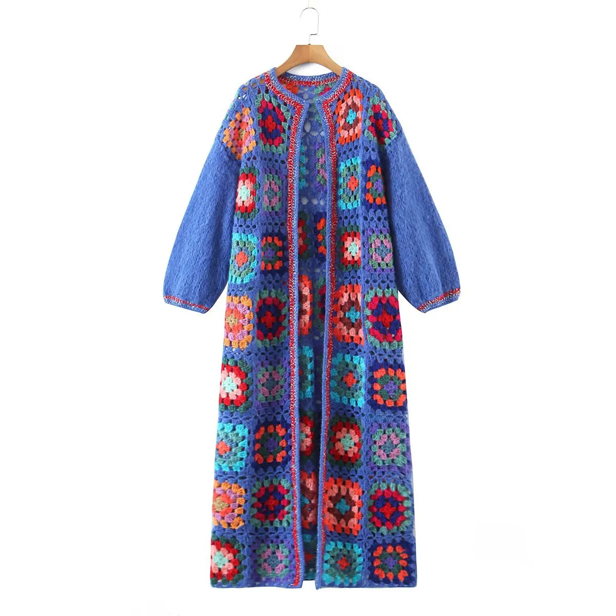 

Autumn And Winter New Products Knitted Sweater Coat Handmade Long Checkered Cardigan Coat Women's European And American Style